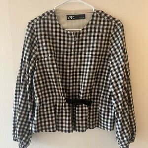 Zara Black and White Gingham Zip Peplum Jacket